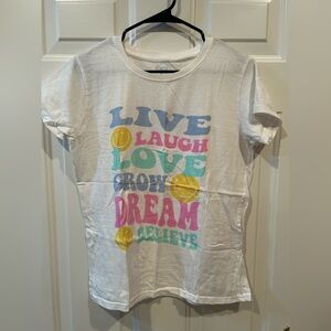Women's White Graphic Tee with Colorful Text